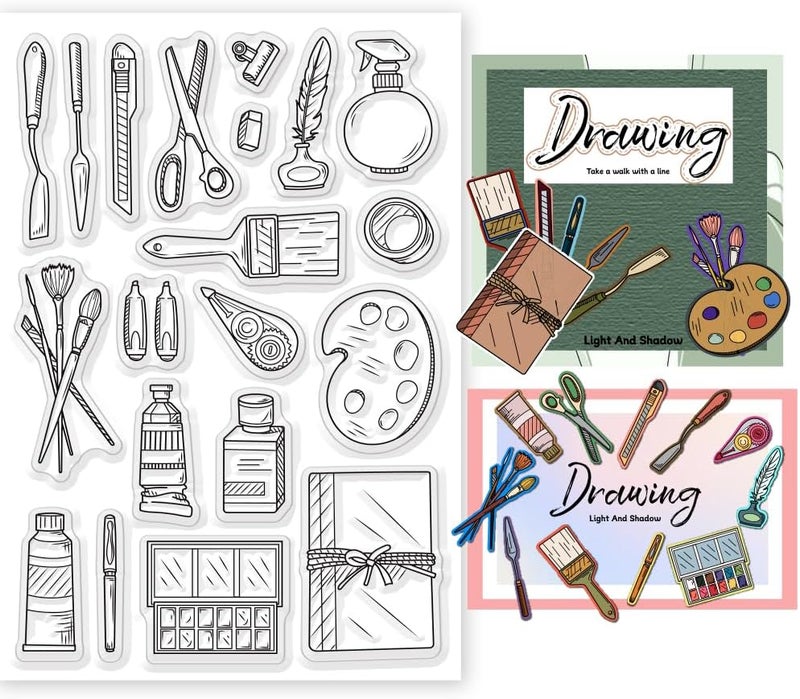 BEUNITONE Painting Tools Clear Stamp for Scrapbooking Paint Brush Silicone Clear Stamp Pen Spatula Palette Rubber Transparent Seal Stamps for DIY Handbook Card Making Photo Album Journal Decoration - Image 1